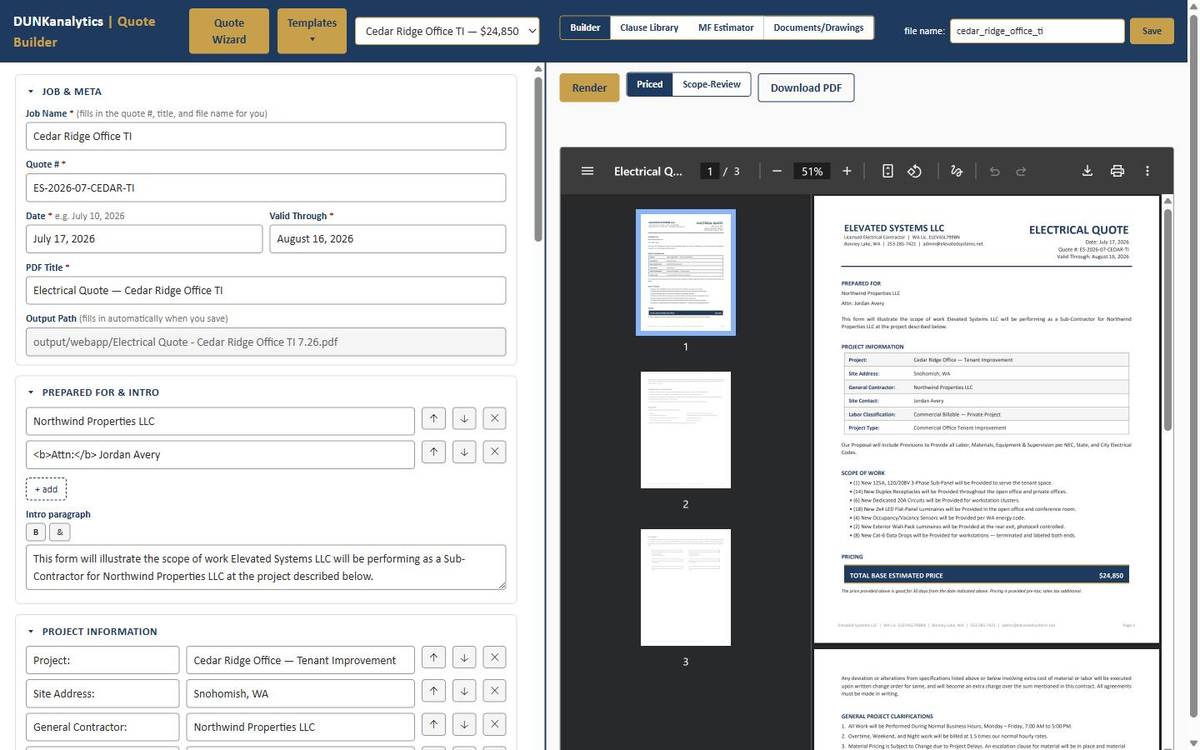 Quote builder with a structured form on the left and a live PDF preview of the finished electrical quote on the right