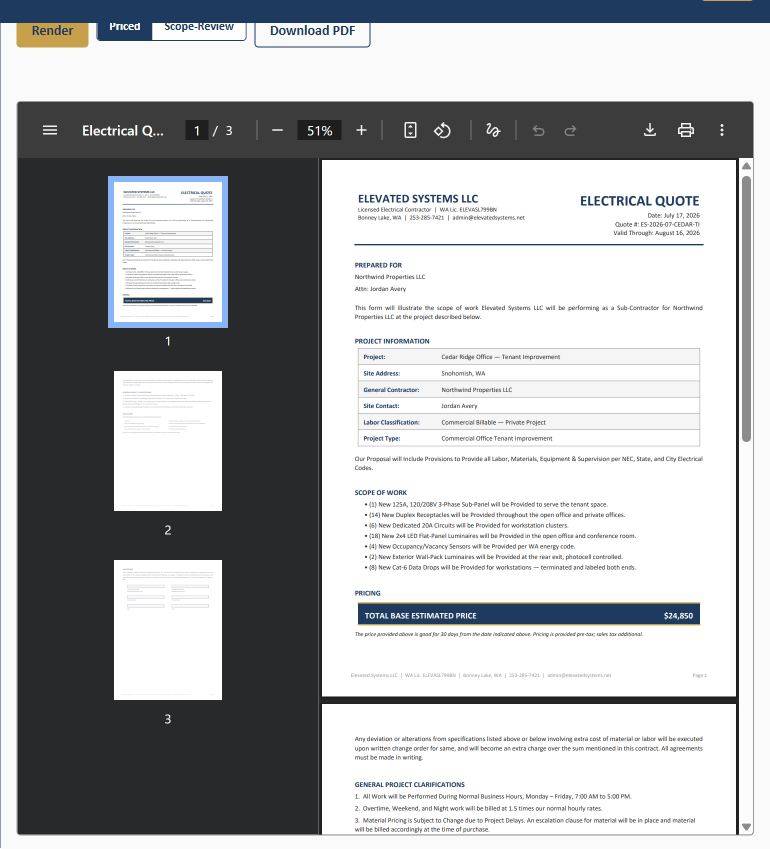 Close-up of a rendered electrical quote PDF with letterhead, project information table, scope of work, and pricing band