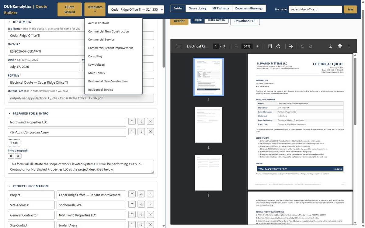 Templates menu open showing nine job-type templates from access controls to residential service
